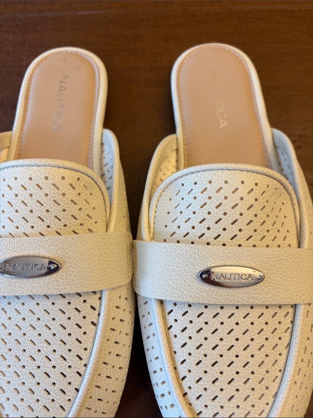 Nautica Women's Cream Perforated Slip-On Mules with Logo Accent